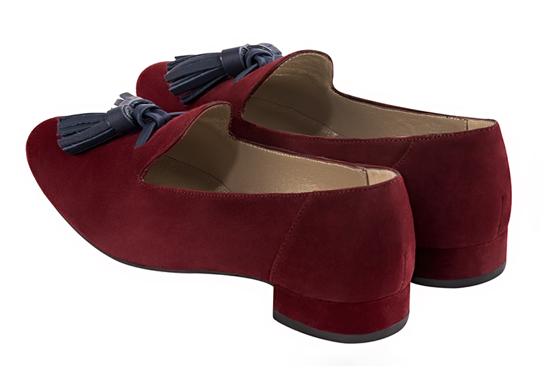 Burgundy red and navy blue women's loafers with pompons. Round toe. Flat block heels. Rear view - Florence KOOIJMAN